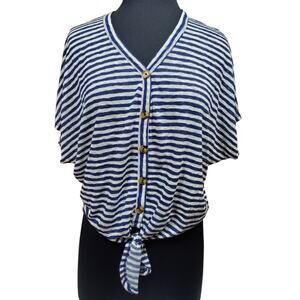 Blue and White Striped Short Sleeve Sweater Size Large